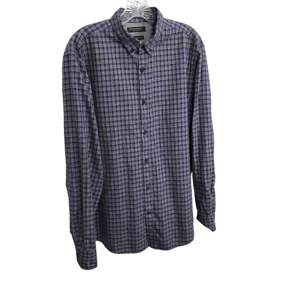 Banana Republic Mens L Shirt Luxe Flannel Camden Fit Plaid Button-Up Long Sleeve